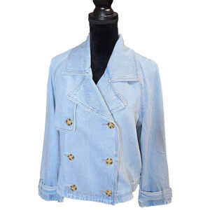 Double Breasted Denim Jacket Womens M Light Wash Cropped Trench Style ON 34th NW